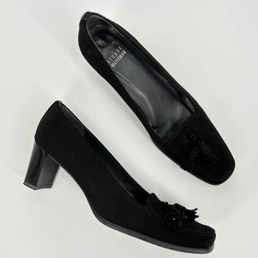 Stuart Weitzman Sude Leather Square‎ Toe Tassel Pumps Black 8N